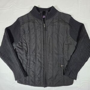 Effeci Woman Black Mixed Media Quilted Full Zip Jacket Ribbed Knit 2X